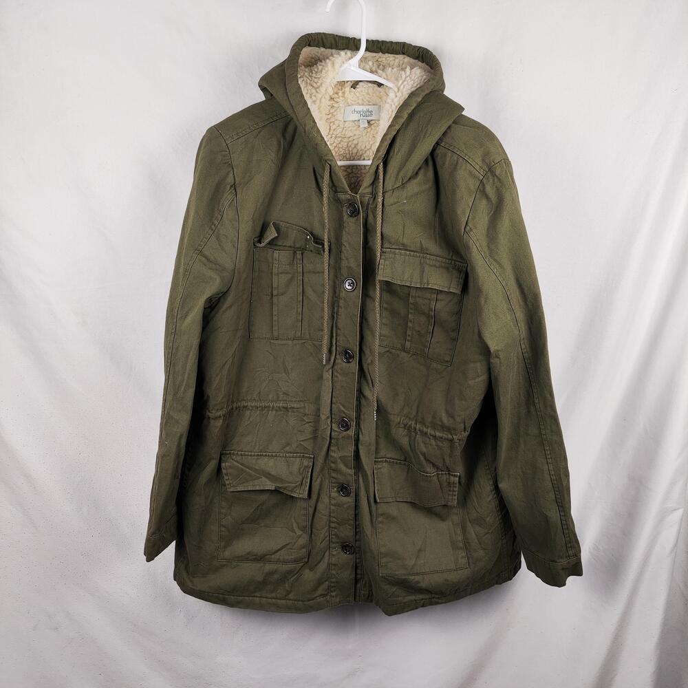 Charlotte Russe Coat Juniors XL Green Hooded Sherpa Lined Parka Button Front